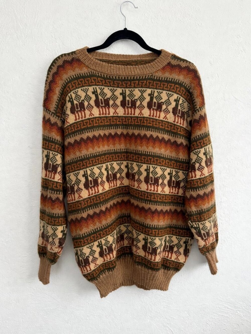 Vintage Peruvian Llama Knit Sweater L Earth Tones Andean Pattern Cozy